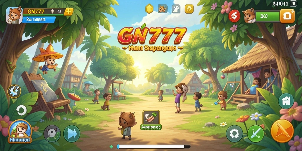 Gambaran gameplay GN777 dengan warna-warni yang ceria dan interaksi sosial.
